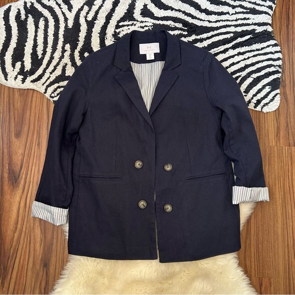 Halston Linen Blazer Jacket Size M Navy Blue - Picture 2 of 6